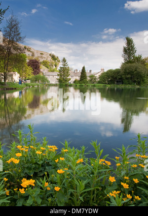 Kilnsey Crag e Kilnsey allevamento di trote in Wharfedale. Foto Stock