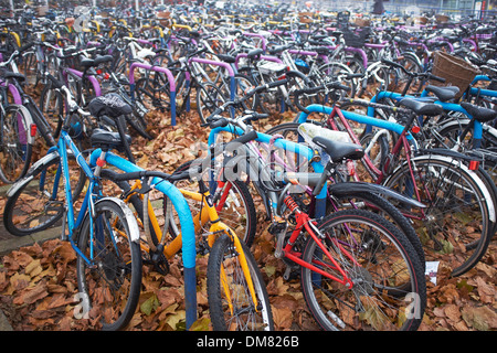 Le biciclette parcheggiate fuori la stazione ferroviaria nel centro di Oxford Foto Stock