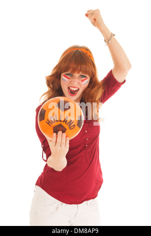 Rosso giovane donna dai capelli come il calcio olandese la ventola Foto Stock