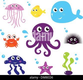 Cartoon animali marini, pesci o icone di creature isolato su bianco Illustrazione Vettoriale