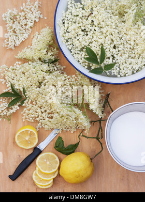 Rendendo lâ Elderflower cordial con fiori, limone e zucchero Foto Stock