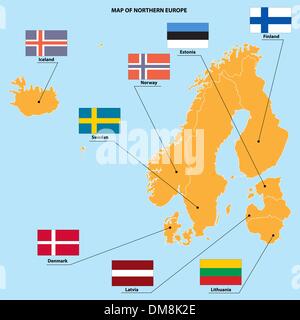 Mappa e bandiere del Nord Europa Illustrazione Vettoriale