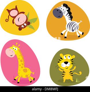 Illustrazione set di simpatici animali safari: monkey, Tiger, la giraffa e zebra Illustrazione Vettoriale