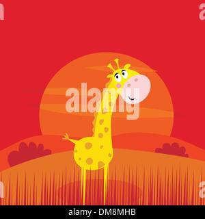 Animali safari - molto carino giraffa e rosso tramonto dietro la scena Illustrazione Vettoriale