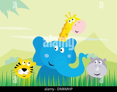 Carino safari animali della giungla - Tiger, elefanti, giraffe e rinoceronti Illustrazione Vettoriale