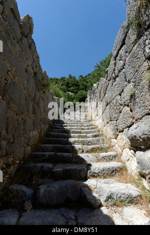 Scala che collega lo Stato Agora livello a una terrazza inferiore livello. all'antica città Lycian di Arykanda, nella Turchia meridionale. Foto Stock