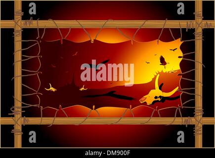 Deserto secco, avvoltoio e cow cranio Illustrazione Vettoriale