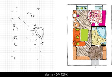 Interior design apartments - vista dall'alto. Linee frastagliate, schizzo manifatture Illustrazione Vettoriale