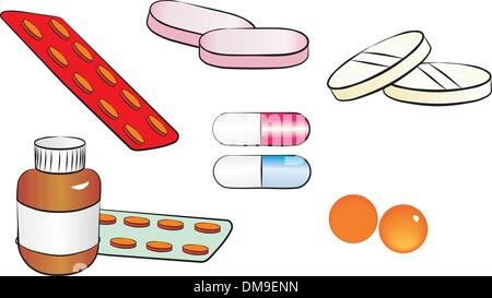 Insieme di diverse pillole e capsule Illustrazione Vettoriale