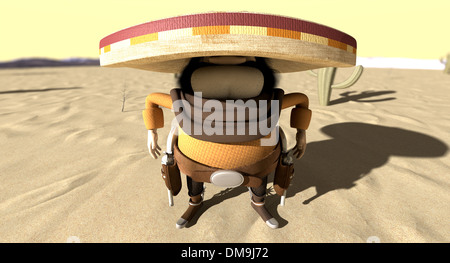 Un cartoon ostile mexicano hombre con un poncho, sombrero e pistole in una custodia intorno alla vita in pozione pronto per un duello Foto Stock