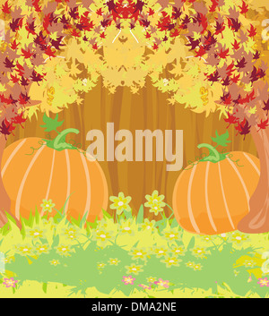 Le zucche su sfondo di legno con foglie. Foto Stock