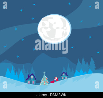 Paesaggio invernale con case e Santa Foto Stock