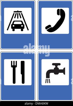 Informazioni cartelli stradali set - lavaggio auto, telefono, toilette, l'acqua. Illustrazione Vettoriale