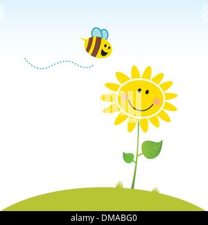 Molla & Natura: felice fiore giallo con bee Illustrazione Vettoriale