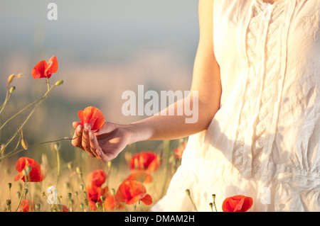 Giovane donna in piedi in un cornfield con papaveri Foto Stock