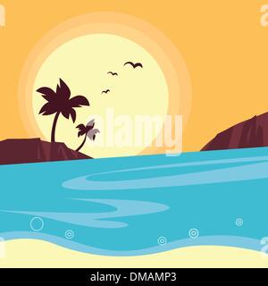 Estate & travel: silhouette di spiaggia tramonto - Retro Illustrazione Vettoriale