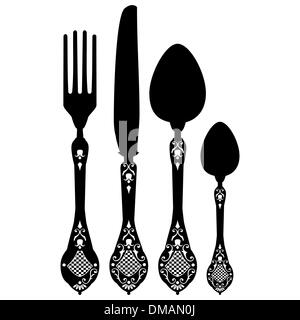 Vettore retrò silhouette di coltello, forchetta, cucchiaio e spork Illustrazione Vettoriale