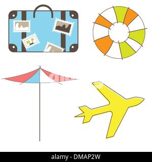 Vacanze e viaggi clip-art set isolato su bianco Illustrazione Vettoriale