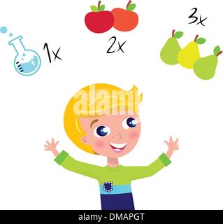 Carino il ragazzo biondo imparare la matematica e contando isolato su bianco Illustrazione Vettoriale