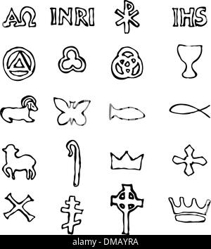 Set di illustrazione di una comunione raffiguranti tradizionali simboli cristiani Illustrazione Vettoriale