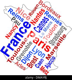 Mappa Francia e parole cloud con le città più grandi Illustrazione Vettoriale