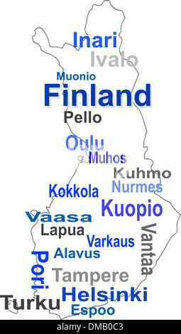 Finlandia mappa e parole cloud con le città più grandi Illustrazione Vettoriale