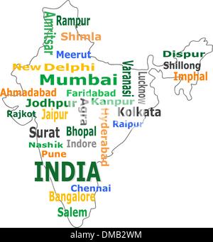 Mappa di India e parole cloud con le città più grandi Illustrazione Vettoriale