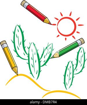 Matite disegnare cactus e sun nel deserto Illustrazione Vettoriale