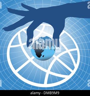 Mano azienda Terra sul globo sullo sfondo del simbolo Illustrazione Vettoriale