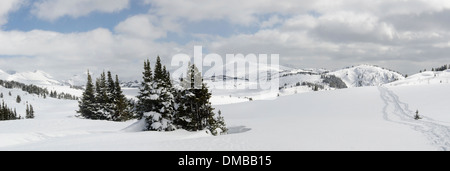 Un panorama invernale della vastità al di là di Sunshine Village nelle Montagne Rocciose Canadesi shot mentre su racchette da neve trek. Foto Stock