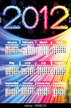 Colorato 2012 Calendario su sfondo nero. Colori dell'arcobaleno Illustrazione Vettoriale