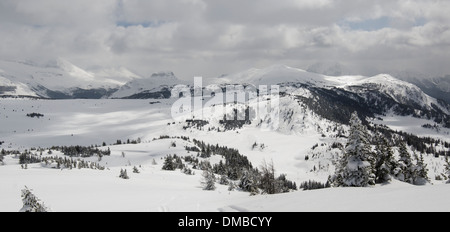 Un panorama invernale della vastità al di là di Sunshine Village nelle Montagne Rocciose Canadesi shot mentre su racchette da neve trek. Foto Stock