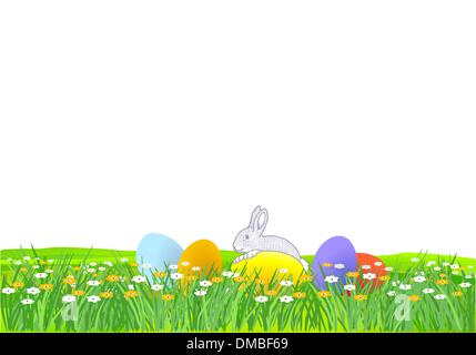 Po' di coniglio e le uova di Pasqua seduto sull'erba Illustrazione Vettoriale