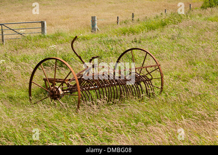 Un abbandonato arrugginimento annata agricola rastrello da fieno Foto Stock