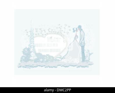 Coppia romantica a Parigi kissing vicino alla Torre Eiffel. Scheda retrò. Illustrazione Vettoriale