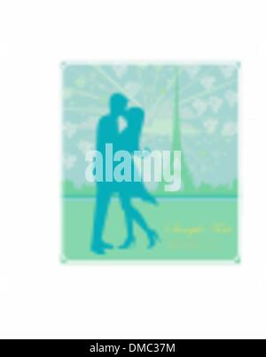 Coppia romantica a Parigi kissing vicino alla Torre Eiffel scheda rétro Illustrazione Vettoriale