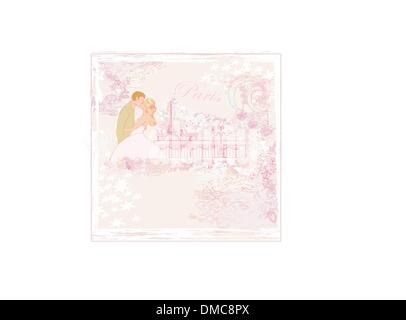 Coppia romantica a Parigi kissing vicino alla Torre Eiffel auto rétro Illustrazione Vettoriale