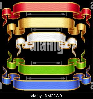 Set di nastro con la regolazione della lunghezza. Vettore rosso, oro, blu, verde e cornice bianca isolata su sfondo. Illustrazione Vettoriale