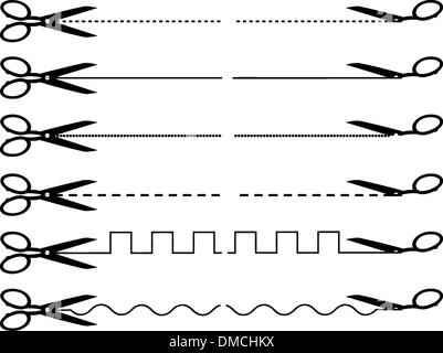 Raccolta di vettore di forbici di linee di taglio Illustrazione Vettoriale