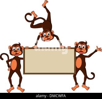 Monkey's cartoon con blank board Illustrazione Vettoriale