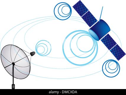 Una illustrazione del satellite e la parabola satellitare Illustrazione Vettoriale