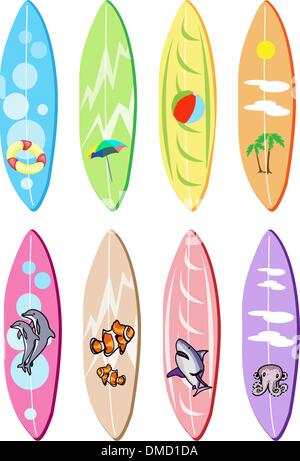 Illustrazione di una serie di tavole da surf con diversi disegni Illustrazione Vettoriale