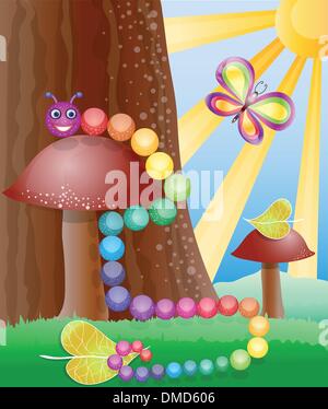 Cartoon foto con la natura, butterly e caterpillar Illustrazione Vettoriale