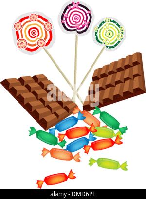 Cioccolatini, lecca-lecca e caramelle dure su sfondo bianco Illustrazione Vettoriale