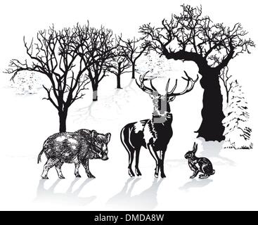 Il cervo, il cinghiale e il coniglio nel paesaggio invernale Illustrazione Vettoriale