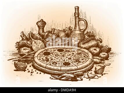 Pizza Illustrazione disegnata a mano Illustrazione Vettoriale