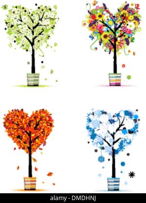 Quattro stagioni - Primavera, estate, autunno e inverno. Arte di alberi in vasi per il tuo design Illustrazione Vettoriale