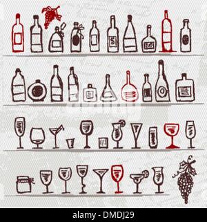 Set di alcol di bottiglie e wineglasses su sfondo grunge Illustrazione Vettoriale