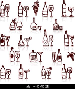 Set di alcol di bottiglie e wineglasses Illustrazione Vettoriale