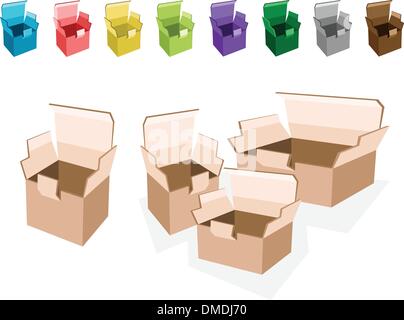 Illustrazione colorata serie di aprire le scatole di cartone Illustrazione Vettoriale